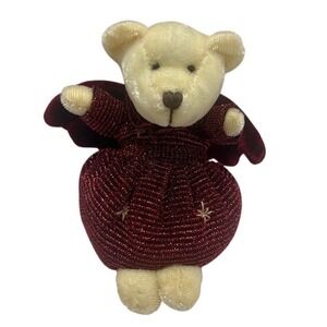 VTG Russ Small Angel Bear Christmas Ornament Burgundy Dress & Wings